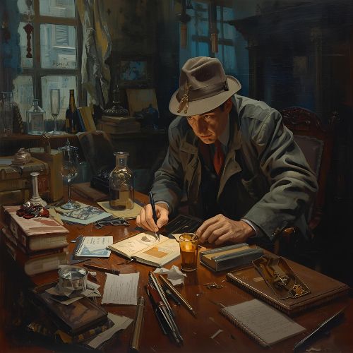 Startseite Nachdenklicher Detektiv mit Hut und Mantel, der Notizen auf einem überfüllten Schreibtisch macht