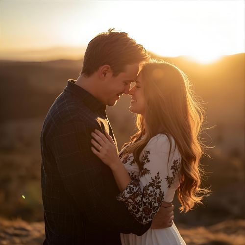 Startseite Junges Liebespaar lächelt sich an, im Hintergrund Sonnenuntergang über Berglandschaft